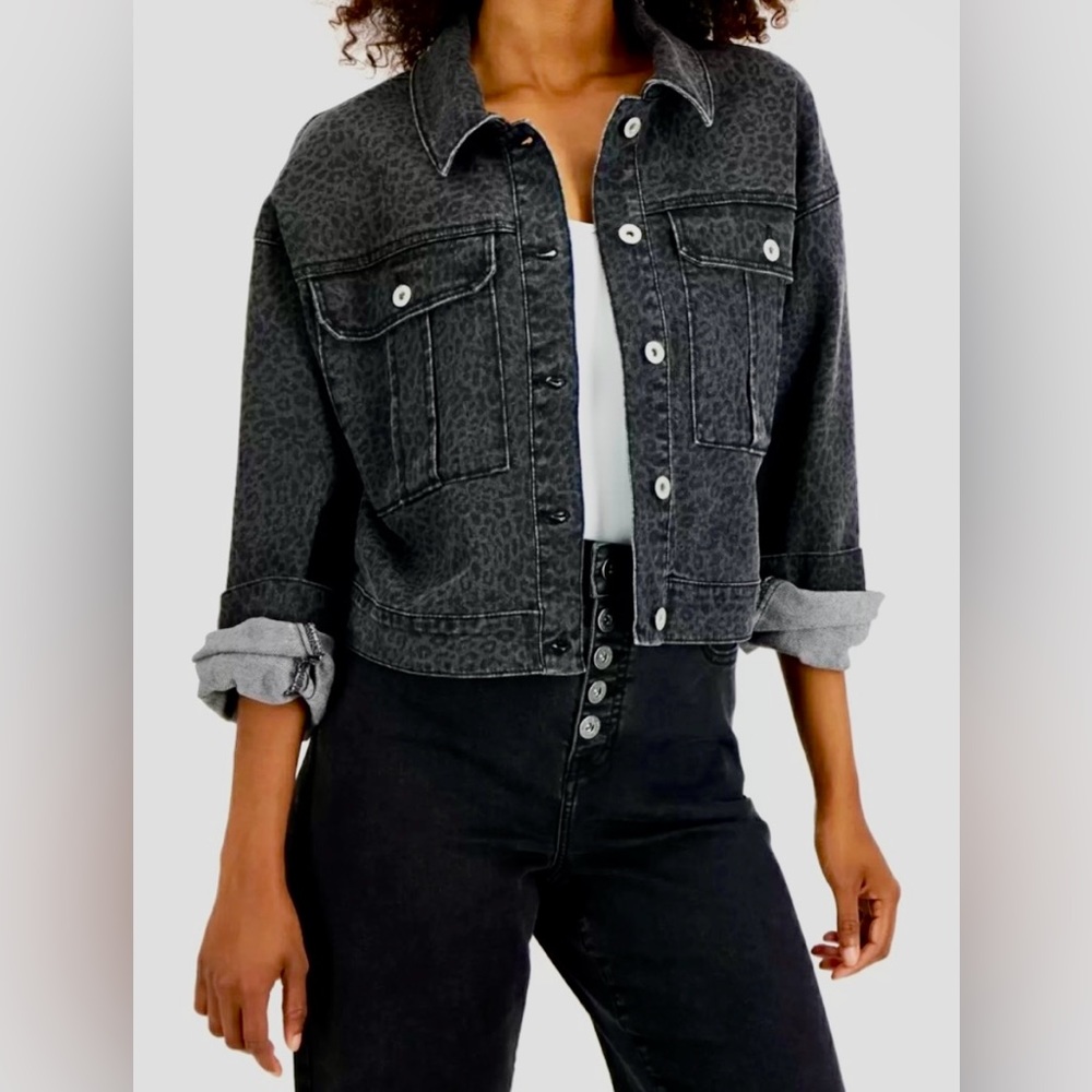 INC International Concepts Women's Cheetah Printed Dark Denim Jacket Gray Size M